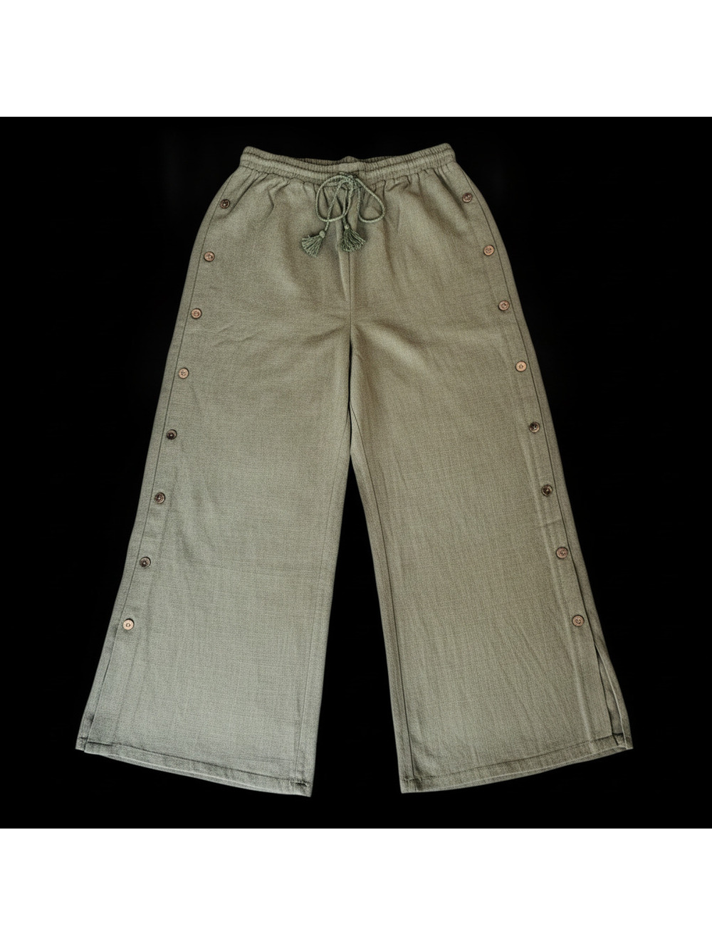 Women's Hem&Thread Wide Leg Olive Linen Pants with Buttons,Drawstring SzM N/W/T
